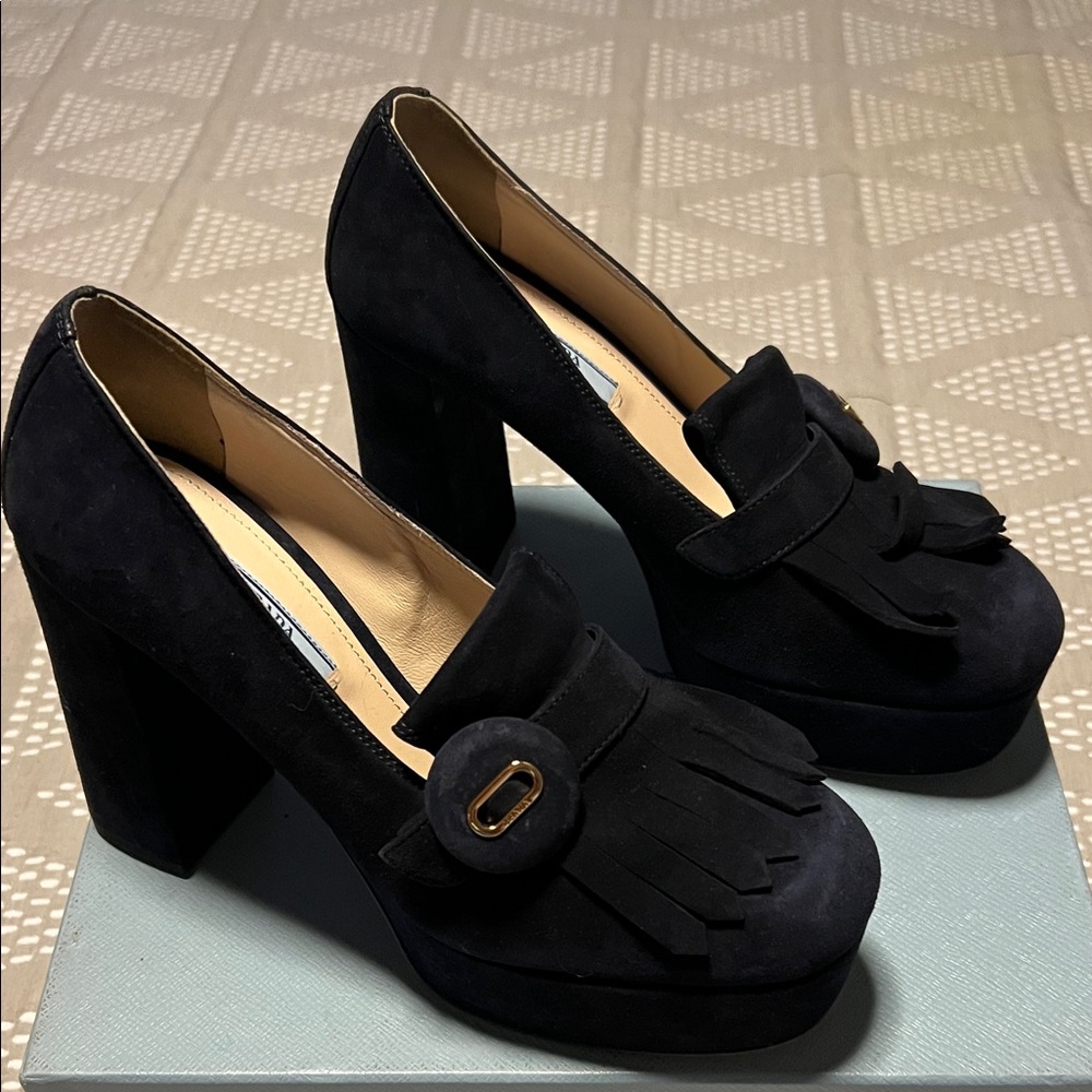 Prada Black Suede Platform Heels with Fringe - Picture 3 of 16